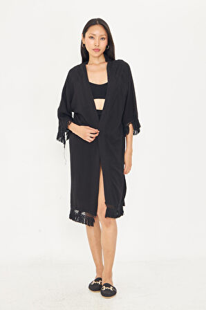 Palmiye Baskılı Püsküllü Kimono