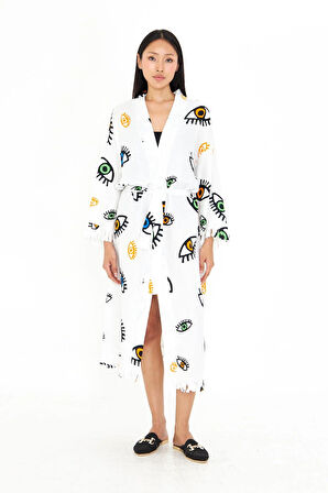 Göz Baskılı Uzun Müslin Kimono
