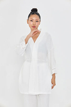 Şerit Detaylı Müslin Kimono