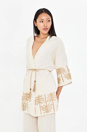 Nakışlı Hasır Kemerli Keten Görünümlü Kimono
