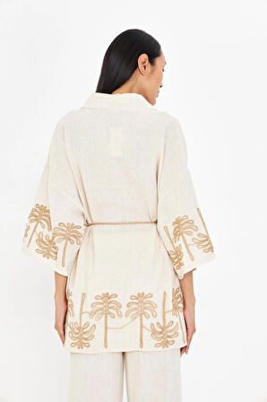 Nakışlı Hasır Kemerli Keten Görünümlü Kimono