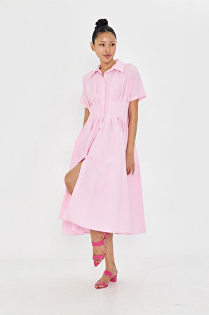 Pileli Gömlek Yaka Poplin Elbise