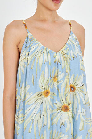 V Yaka Askılı Desenli Elbise