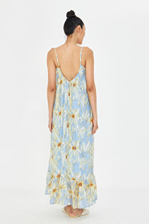 V Yaka Askılı Desenli Elbise