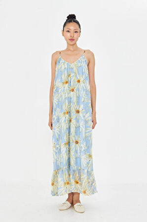 V Yaka Askılı Desenli Elbise