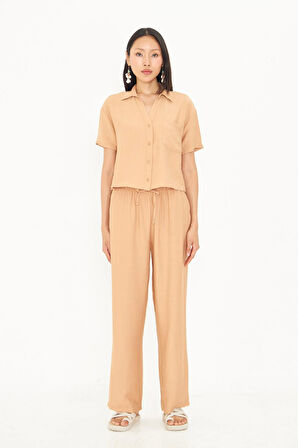 Cepli Kısa Keten Görünümlü Gömlek