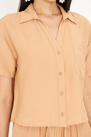 Cepli Kısa Keten Görünümlü Gömlek