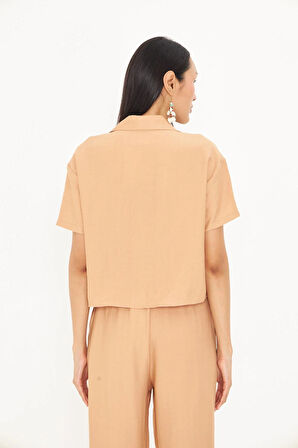 Cepli Kısa Keten Görünümlü Gömlek