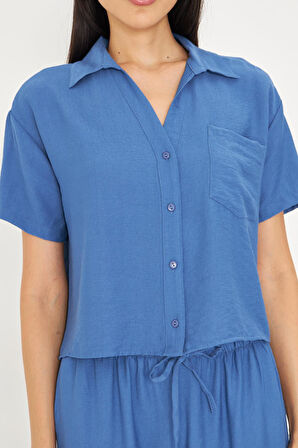 Cepli Kısa Keten Görünümlü Gömlek