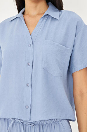 Cepli Kısa Keten Görünümlü Gömlek