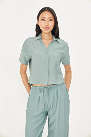 Cepli Kısa Keten Görünümlü Gömlek