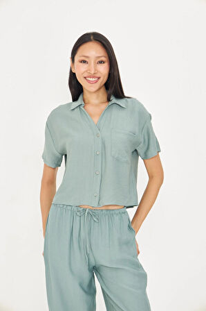 Cepli Kısa Keten Görünümlü Gömlek