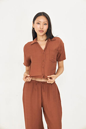 Cepli Kısa Keten Görünümlü Gömlek