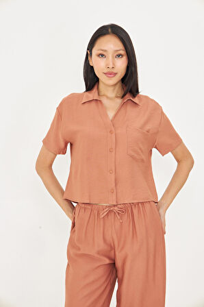 Cepli Kısa Keten Görünümlü Gömlek