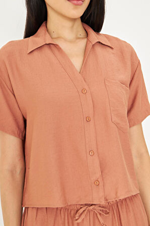 Cepli Kısa Keten Görünümlü Gömlek