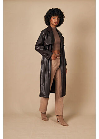 Allerli Kuşaklı Deri Trençkot 