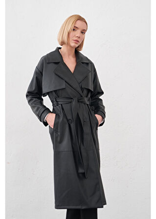 Allerli Kuşaklı Deri Trençkot