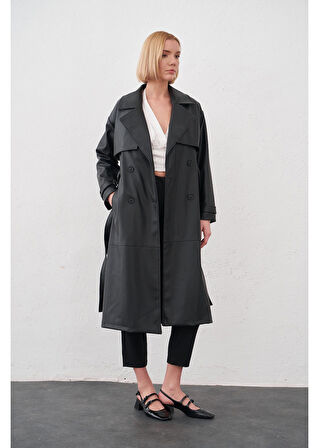 Allerli Kuşaklı Deri Trençkot