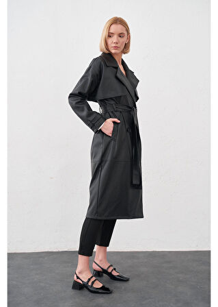 Allerli Kuşaklı Deri Trençkot