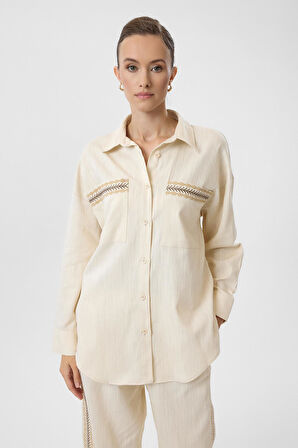 Nakışlı Keten Karışımlı Gömlek
