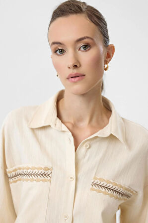 Nakışlı Keten Karışımlı Gömlek