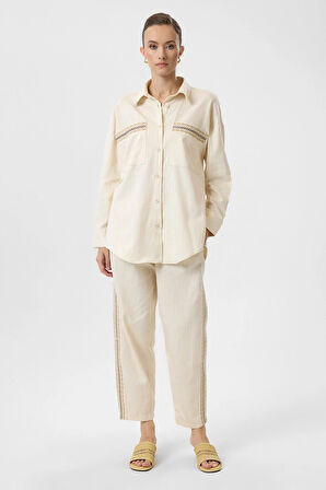 Nakışlı Keten Karışımlı Gömlek