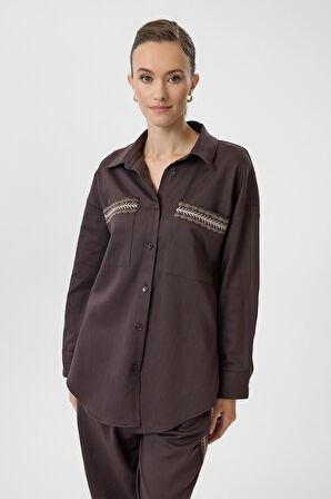 Nakışlı Keten Karışımlı Gömlek