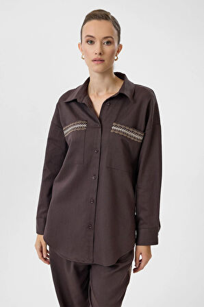 Nakışlı Keten Karışımlı Gömlek