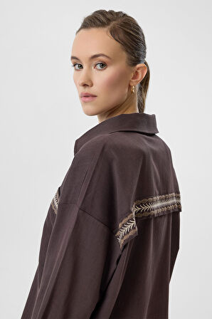 Nakışlı Keten Karışımlı Gömlek