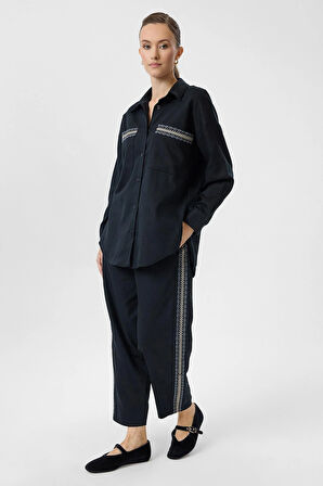 Nakışlı Keten Karışımlı Gömlek