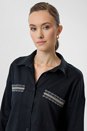 Nakışlı Keten Karışımlı Gömlek