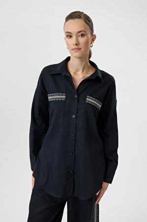 Nakışlı Keten Karışımlı Gömlek