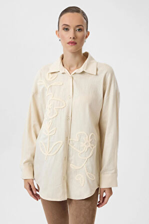 Önü Nakışlı Keten Karışımlı Gömlek