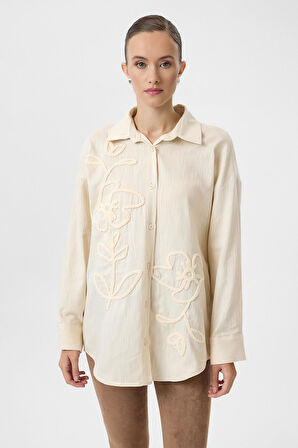 Önü Nakışlı Keten Karışımlı Gömlek