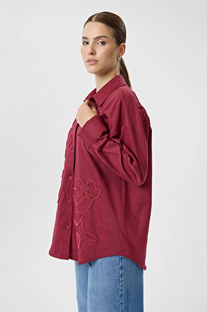 Önü Nakışlı Keten Karışımlı Gömlek