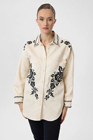 Nakışlı Cepli Gabardin Gömlek