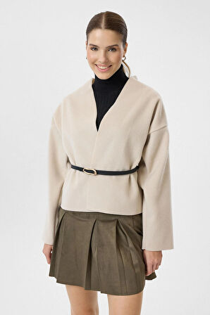 Deri Kemerli Kaşe Kimono