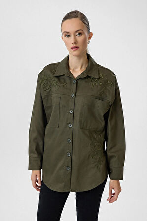 Gül Nakışlı Gabardin Gömlek