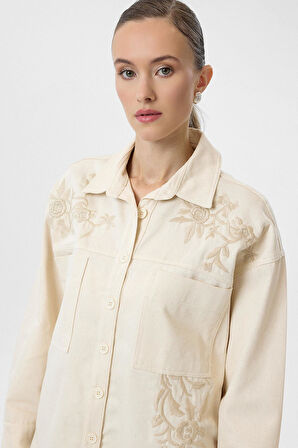 Gül Nakışlı Gabardin Gömlek