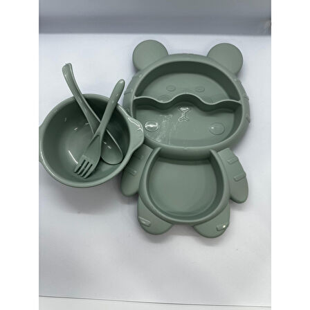 4 Parça Mama Tabağı Seti 3 Bölmeli Ayıcık Şekilli Eğlenceli Mama Tabağı ve Çatal Kaşık Kase Seti