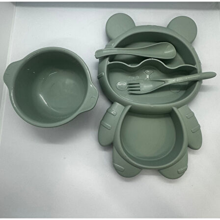 4 Parça Mama Tabağı Seti 3 Bölmeli Ayıcık Şekilli Eğlenceli Mama Tabağı ve Çatal Kaşık Kase Seti