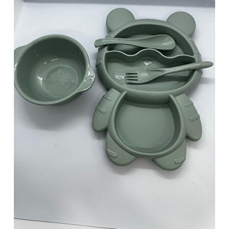 4 Parça Mama Tabağı Seti 3 Bölmeli Ayıcık Şekilli Eğlenceli Mama Tabağı ve Çatal Kaşık Kase Seti