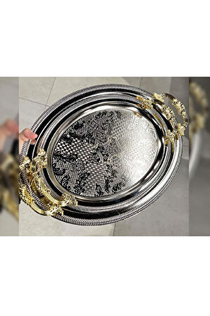 Lüx 2'li Kararmaz Gümüş Oval Servis Sunum Çay Kahve Tatlı Tepsisi 3857