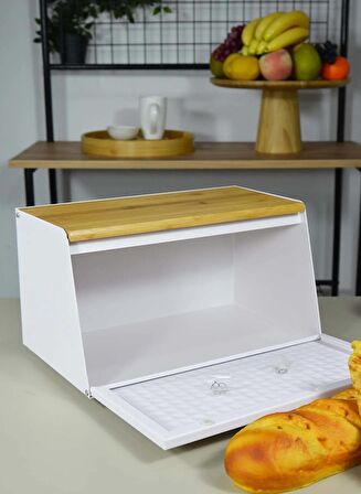 Arow Alessa Ahşap Kesme Tahtalı Lüx Beyaz Ekmek Kutusu TR-4148 