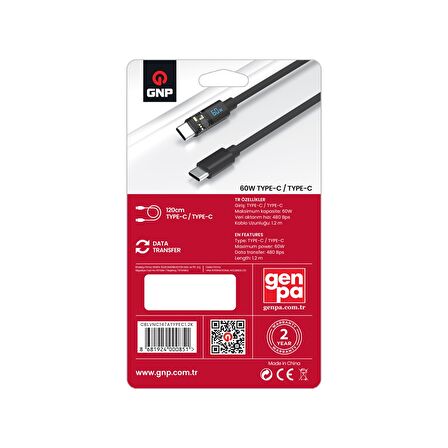 GNP Led Ekran Kablo TYPE-C To Type-C 1.2 Metre Siyah