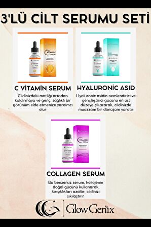 GlowGenix 3'lü Cilt Serumu Seti | C Vitamini Serum | Hyaluronic Asid Serum |  Collagen Serum