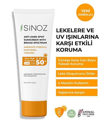 Sinoz 50+ Faktör Leke Karşıtı Tüm Cilt Tipleri İçin Renksiz Yüz Güneş Koruyucu Krem 50 ml