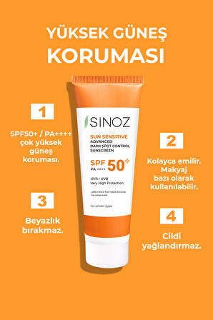 Sinoz 50+ Faktör Aydınlatıcı Tüm Cilt Tipleri İçin Renksiz Yüz Güneş Koruyucu Krem 50 ml