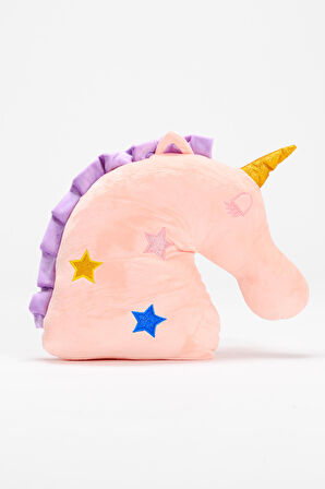 Ecrou Unicorn Karakterli Simli Nakışlı Pelüş Kumaş Dekoratif Yastık 35 x 33 x 11 cm Pembe