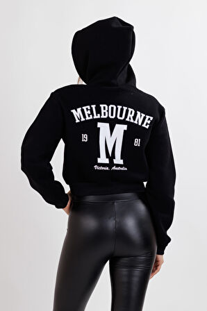 Ecrou Kadın Siyah Kapüşonlu Melbourne Sırt Baskılı Crop Sweat